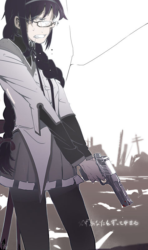 akemi_homura, black_hair, blood, braid, chuc, glasses, gun, hairband