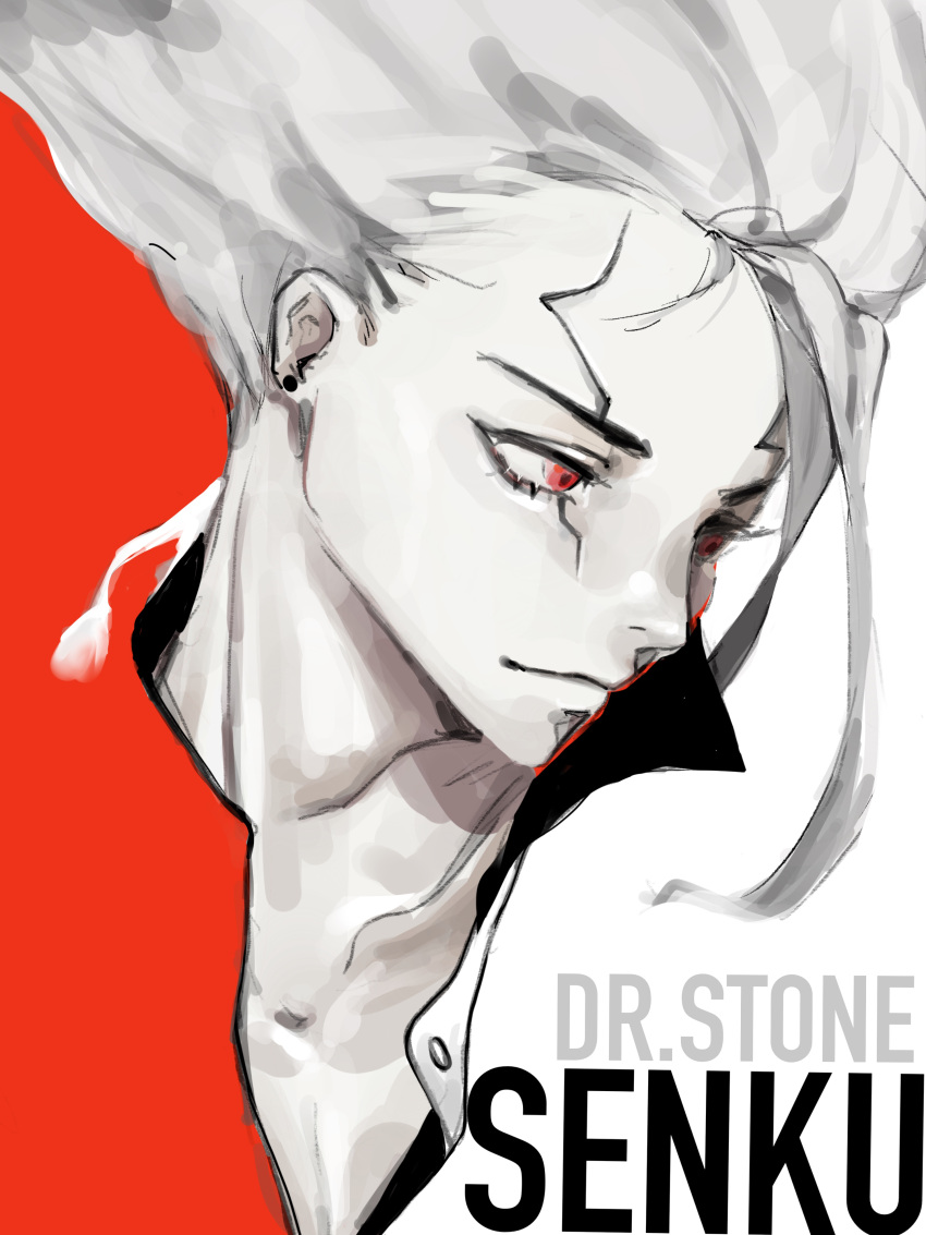 1boy, absurdres, character_name, closed_mouth, commentary, dr._stone, greyscale_with_colored_background, hair_up, highres, ishigami_senkuu, male_focus, mazuya69, red_eyes, scar, scar_across_eye, scar_on_face, smile, solo, spot_color