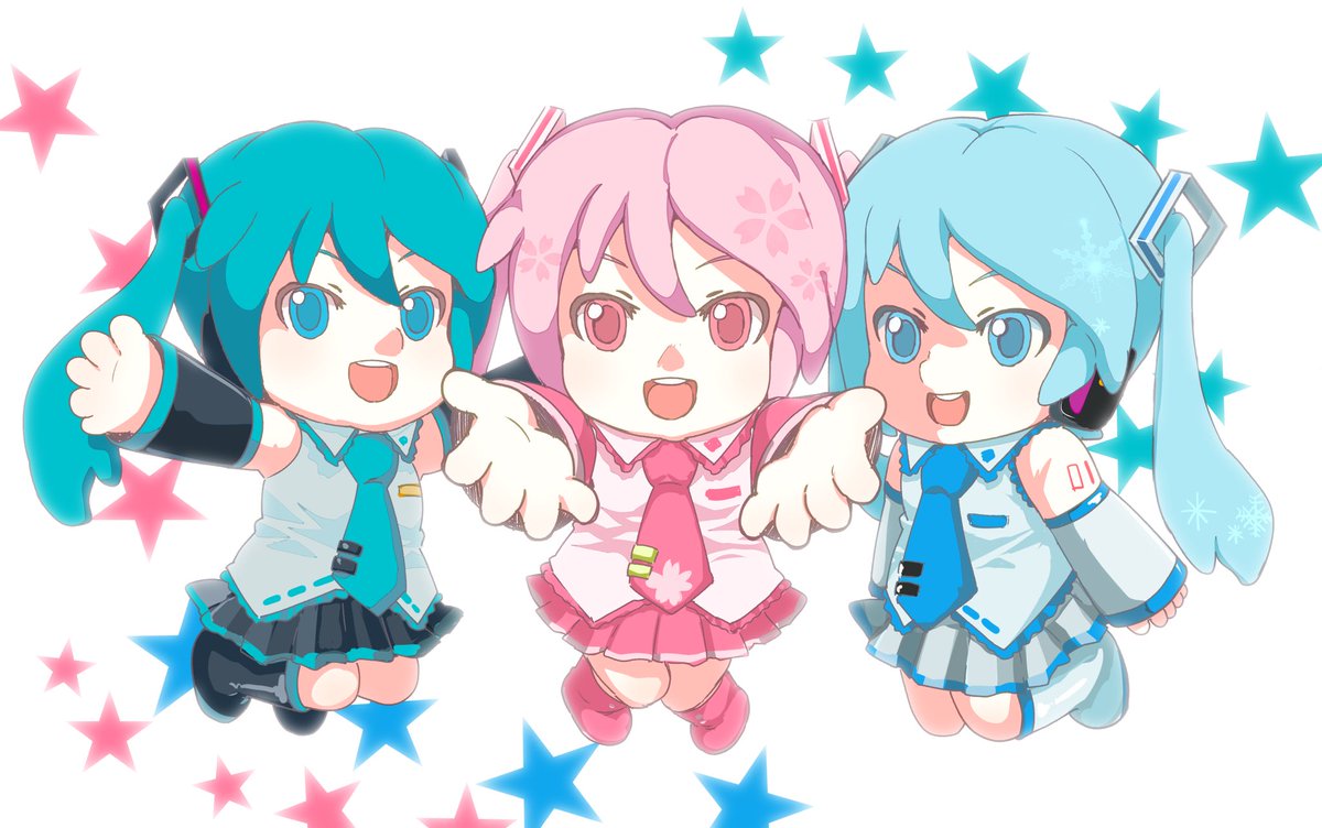 3girls, aqua_eyes, aqua_hair, aqua_necktie, asanome, black_shoes, black_skirt, black_sleeves