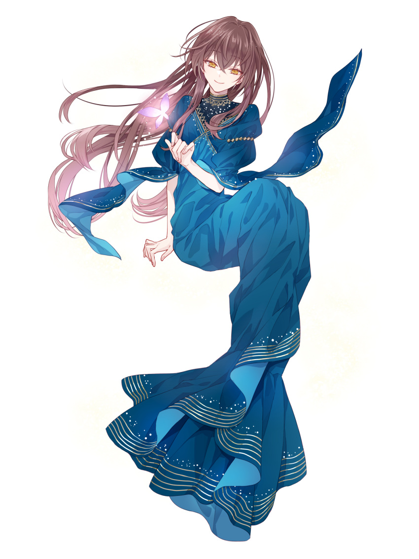 1girl, anna_sehnsucht, blue_dress, brown_hair, dairoku_ryouhei, dress, full_body, hand_up