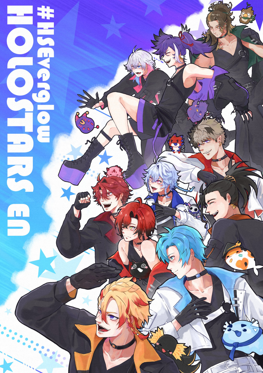6+boys, absurdres, ac_09_18, altventurer_(regis_altare), animal_on_shoulder, antenna_hair, arm_up, axel_syrios, axelotl_(axel_syrios), axolotl, banzoin_hakka, belt, bird, black_belt, black_boots, black_choker, black_gloves, black_hair, black_nails, black_shirt, black_shorts, black_tank_top, blonde_hair, blue_background, blue_eyes, blue_hair, boots, braid, brown_hair, bubby_(goldbullet), chest_belt, choker, closed_eyes, collarbone, collared_jacket, commentary, creature, creature_on_arm, creature_on_head, crimzon_ruze, cropped_jacket, english_text, everyone, fingerless_gloves, fingernails, fish, from_side, gavis_bettel, gloves, goldbullet, green_eyes, hakkito_(banzoin_hakka), hashtag, heterochromia, highres, holding, holding_creature, holoarmis, holostars, holostars_english, holostars_english_idol_uniform, holotempus, jacket, jacket_on_shoulders, josuiji_shinri, jurard_t_rexford, koi, koipanion_(josuiji_shinri), long_hair, long_sleeves, machina_x_flayon, machiroon_(machina_x_flayon), male_focus, multicolored_hair, multiple_boys, multiple_braids, o-ring, o-ring_belt, octavio, open_mouth, outstretched_arm, phantom_(gavis_bettel), pink_eyes, pink_hair, platform_boots, pointy_ears, ponytail, poppet_(octavio), purple_hair, red_eyes, red_hair, red_streaks, regis_altare, ruzader_(crimzon_ruze), sharp_fingernails, sharp_teeth, shirt, short_hair, shorts, side_braid, single_braid, single_hair_streak, sleeveless, sleeveless_shirt, slime_(creature), smile, sorawrity_(jurard_t_rexford), star_(symbol), streaked_hair, symbol-only_commentary, tank_top, teeth, tri_braids, two-tone_hair, violet_eyes, virtual_youtuber, white_belt, white_hair, white_jacket, white_streaks, yellow_eyes