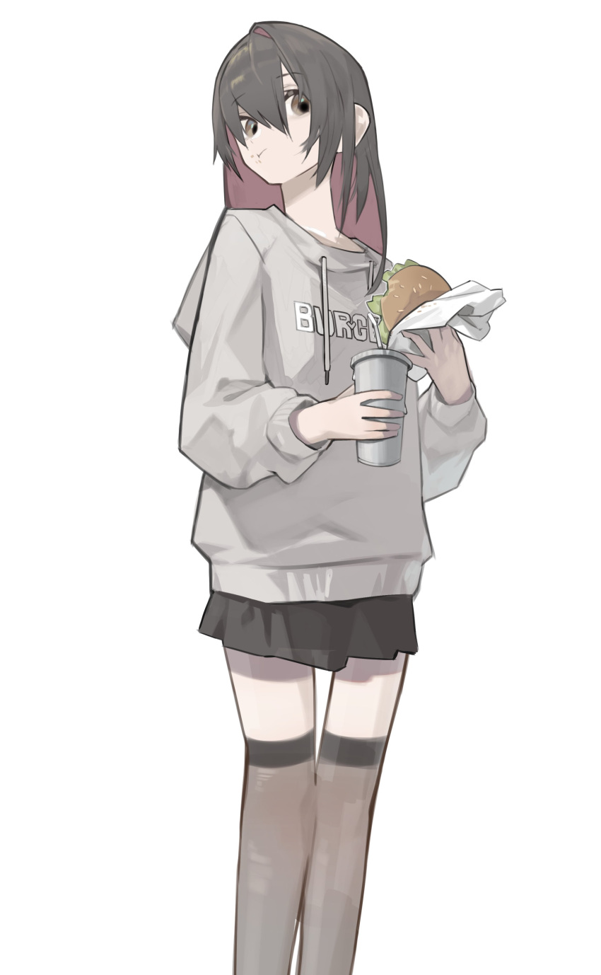 1girl, absurdres, black_skirt, brown_eyes, brown_hair, burger, colored_inner_hair, commentary