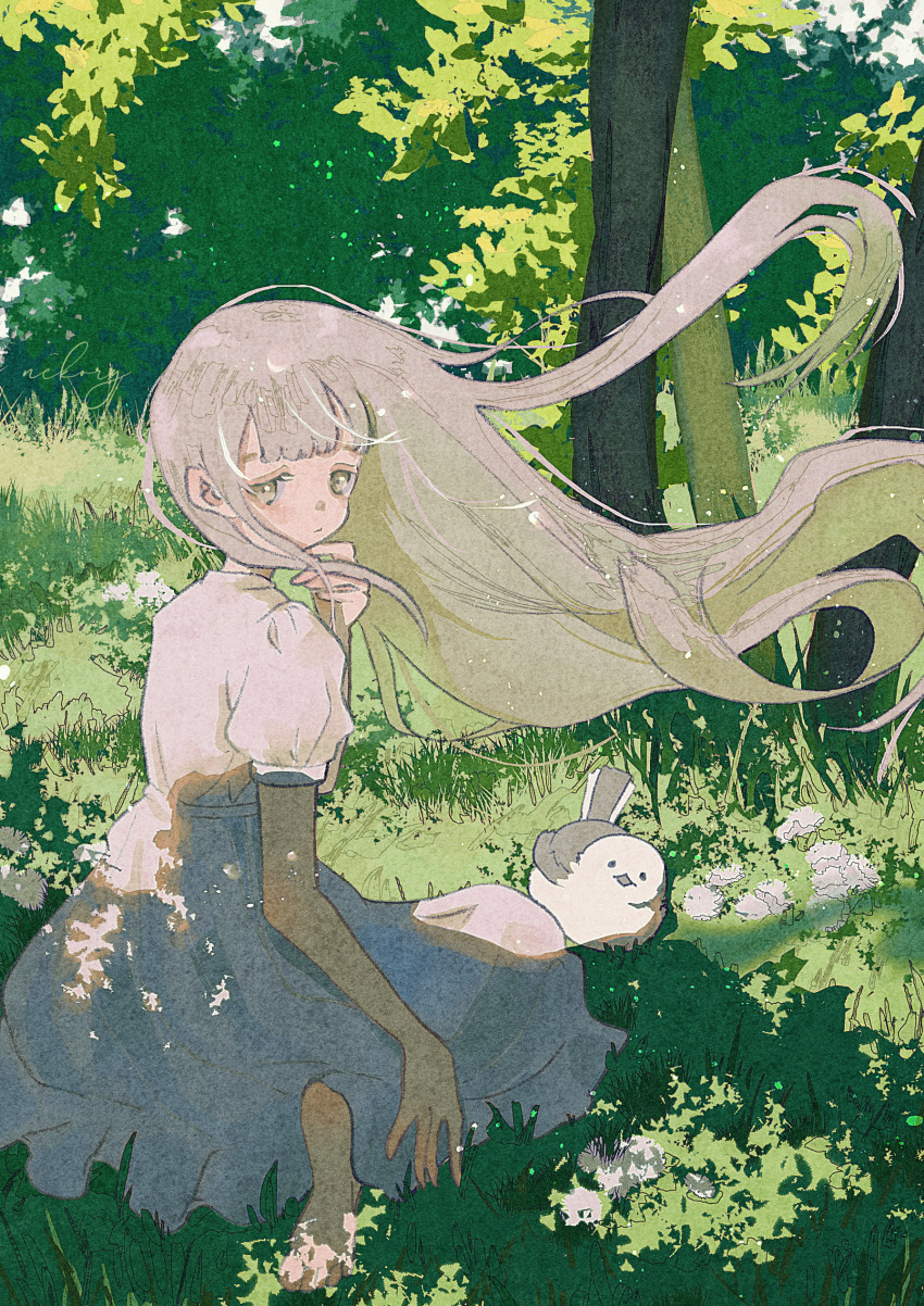 1girl, absurdres, barefoot, bird, blonde_hair, center-flap_bangs, commentary_request, dappled_sunlight, day, dress, flower, forest, from_behind, hand_on_own_chin, highres, light_particles, long_hair, long_skirt, looking_at_viewer, nature, nekory, original, puffy_sleeves, scenery, short_sleeves, sidelocks, sitting, skirt, sunlight, tree, wariza, white_bird, yellow_eyes
