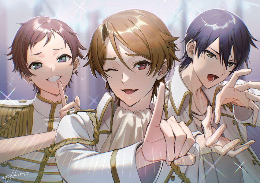 3boys, akua, black_eyes, black_hair, brown_eyes, brown_hair, commentary_request, epaulettes
