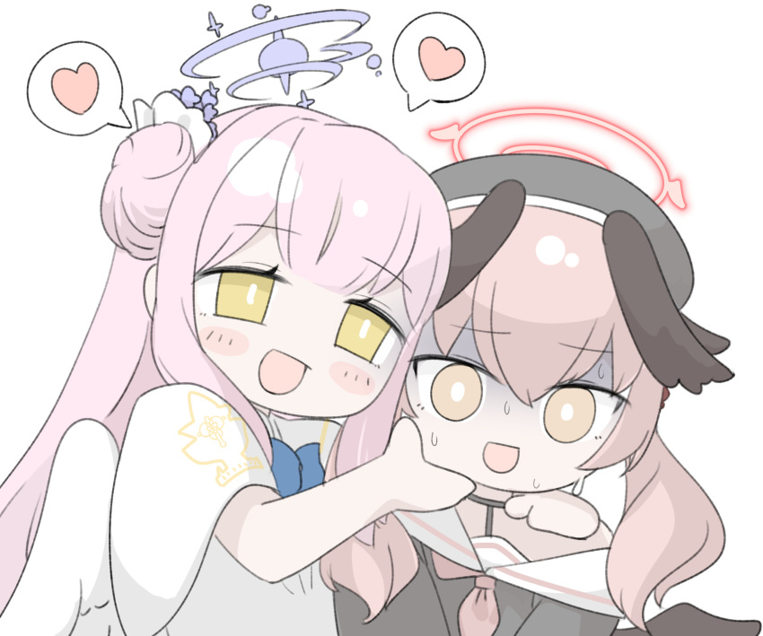 2girls, :d, beret, black_hat, black_shirt, black_wings, blue_archive, blue_bow