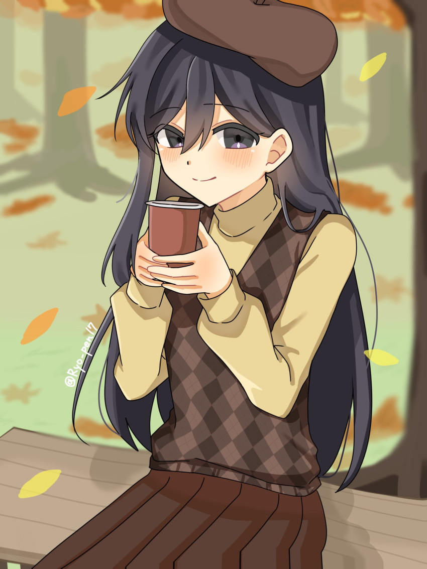 1girl, alternate_costume, argyle_clothes, argyle_sweater_vest, autumn, autumn_leaves, bench, beret