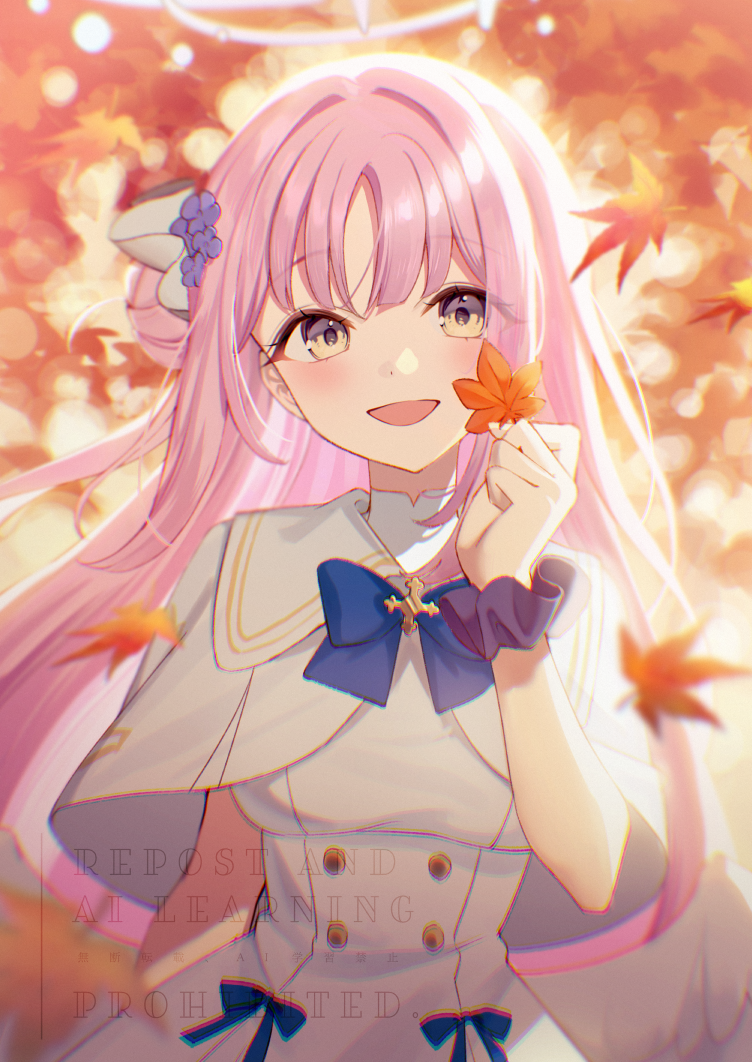 1girl, :d, autumn_leaves, blue_archive, blue_bow, blurry, blurry_background, blurry_foreground