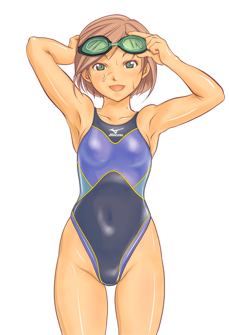 armpits, bob_cut, brown_hair, competition_swimsuit, face, goggles, goggles_on_head, green_eyes