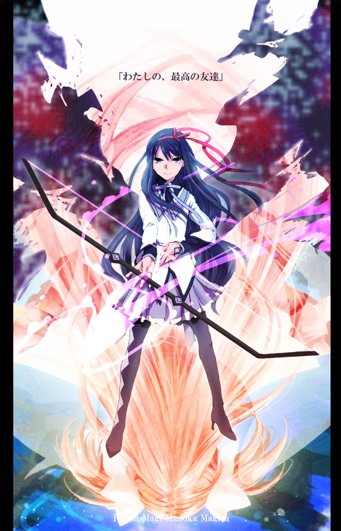 argyle, argyle_legwear, black_hair, black_legwear, bow, bow_(weapon), goddess_madoka, hair_bow