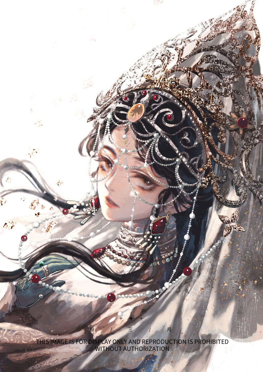 1girl, absurdres, aqua_gloves, bead_necklace, beads, behind_prayers_(infinity_nikki), black_hair, brown_eyes, bug, butterfly, chacha94180, chest_jewel, chinese_commentary, choker, circlet, commentary_request, crown, dress, earrings, english_text, eyelashes, eyeshadow, floating_hair, gem, glitter, gloves, gold_choker, gold_crown, gold_earrings, gold_ring, hair_beads, hair_ornament, hand_on_own_chest, highres, infinity_nikki, jewelry, layered_sleeves, light_blush, lipstick, long_hair, long_sidelocks, long_sleeves, makeup, necklace, nikki_(series), parted_lips, pink_lips, procreate_(medium), realistic, red_gemstone, sample_watermark, short_over_long_sleeves, short_sleeves, sidelocks, simple_background, solo, teeth, thick_eyebrows, upper_body, veil, watermark, wavy_hair, white_background, white_dress, white_veil, yellow_eyeshadow, yellow_gemstone