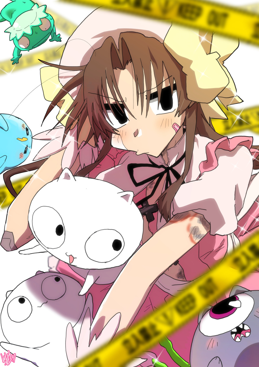 1girl, absurdres, apron, bandaid, bandaid_on_cheek, bandaid_on_face, beret, black_eyes, black_ribbon, bow, brown_hair, bruise, bruise_on_arm, bruise_on_stomach, caution_tape, creature, dress, ed-chan_(edkuroki), edkuroki, gauze, gauze_on_cheek, gauze_on_elbow, hair_intakes, hat, hickey, highres, injury, keep_out, long_hair, looking_at_viewer, messy_hair, original, pink_apron, pink_dress, pink_hat, pout, ribbon, signature, simple_background, sparkle, white_background, yellow_bow