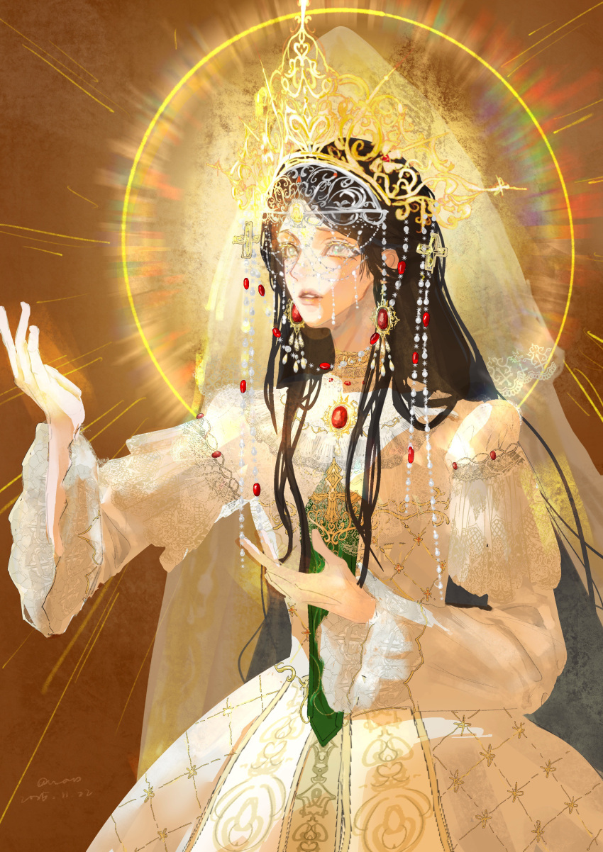 1girl, absurdres, argyle_clothes, argyle_dress, beads, behind_prayers_(infinity_nikki), chest_jewel, chinese_commentary