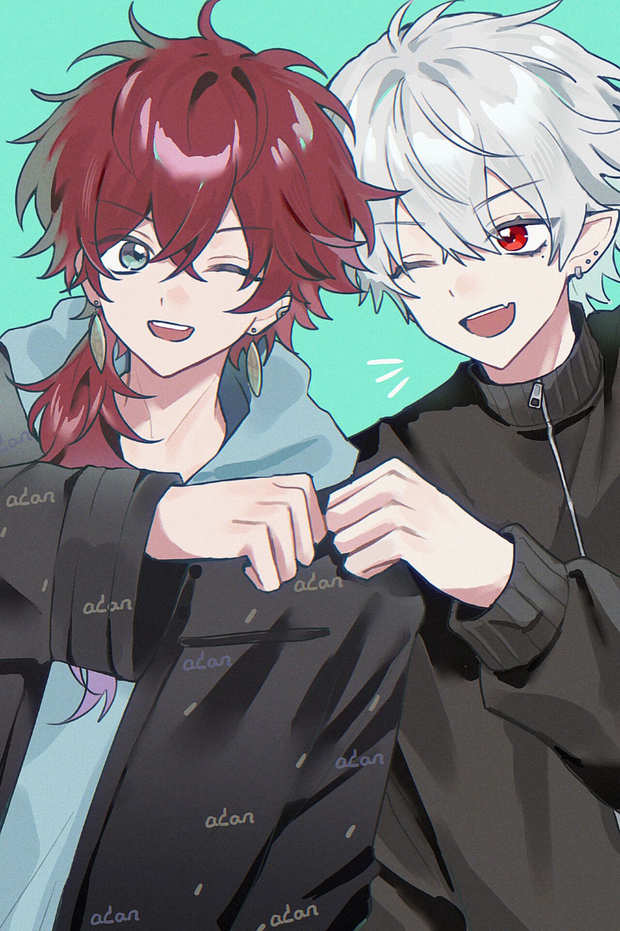 2boys, black_jacket, blue_hoodie, commentary, ear_piercing, earrings, green_background, green_eyes
