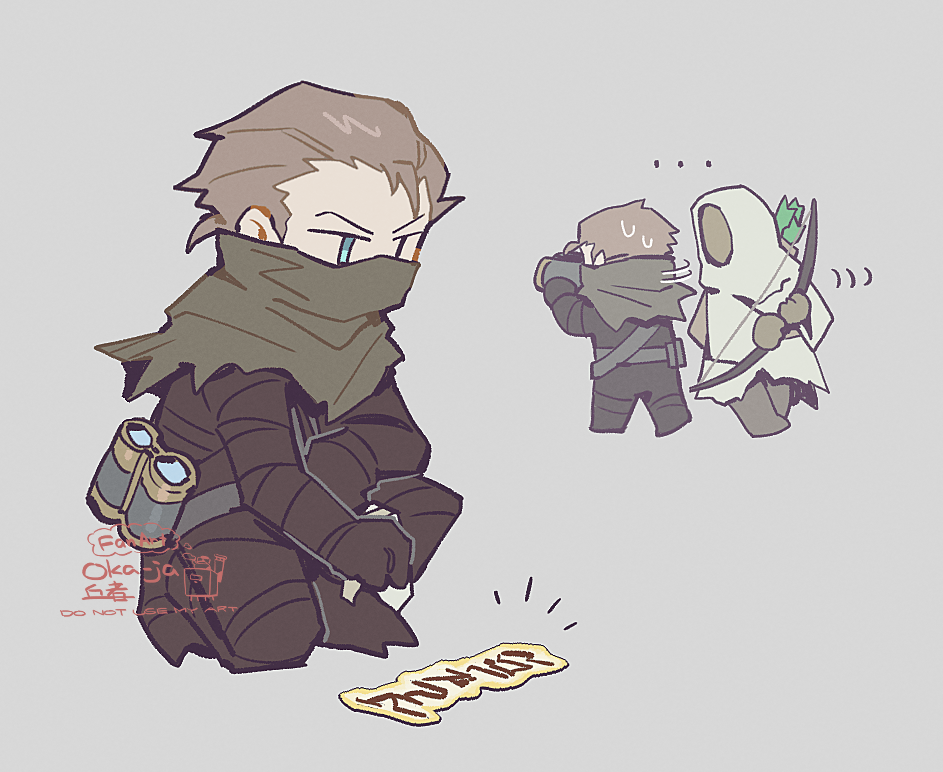 ..., 1boy, 1other, bashful_ray, bearer_of_the_curse, binoculars, black_bodysuit, black_gloves, blue_eyes, bodysuit, bow_(weapon), brown_hair, commentary, dark_souls_(series), dark_souls_ii, english_commentary, full_body, gloves, grey_background, holding, holding_bow_(weapon), holding_weapon, mask, mouth_mask, ninja_mask, okajamira, simple_background, solo_focus, squatting, summon_sign, weapon