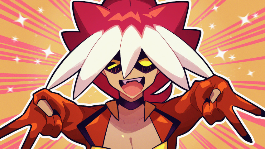 1boy, collarbone, commentary_request, double_v, fangs, fumafuma735, highres, light_blush, male_focus, one_eye_closed, open_mouth, outline, pokemon, pokemon_sm, red_hair, ryuki_(pokemon), solo, sparkle, upper_body, v, white_outline