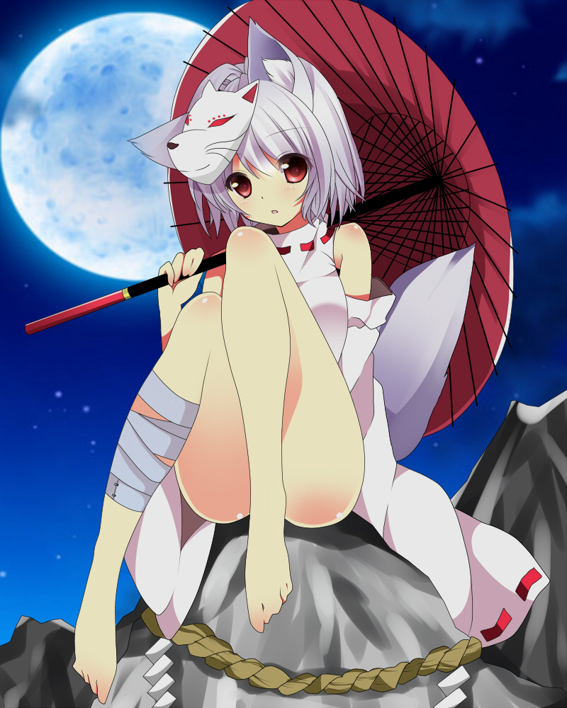 animal_ears, bandage, bandages, bare_legs, barefoot, blush, brown_eyes, detached_sleeve