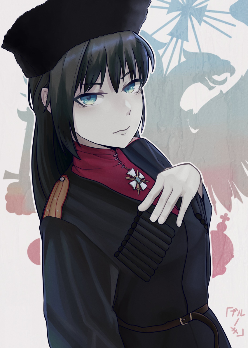 1girl, absurdres, armor, belt, black_hair, black_shirt, blookswashinda, brown_belt