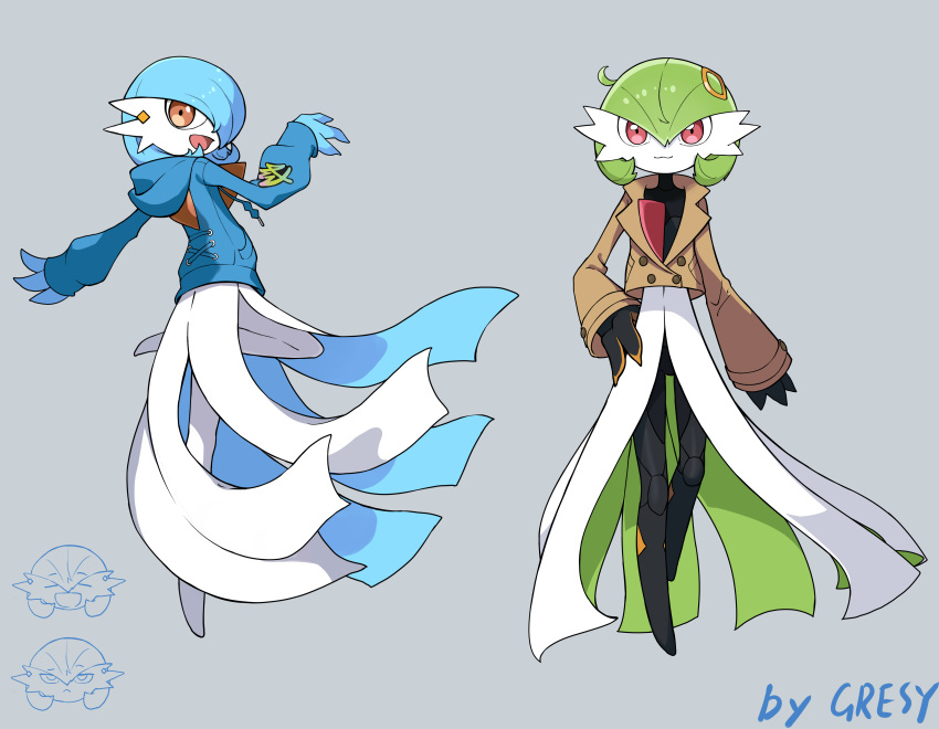 2girls, :3, absurdres, alternate_color, arm_at_side, artist_name, black_bodysuit, blue_hair, blue_jacket, blue_skin, bob_cut, bodysuit, bodysuit_under_clothes, brown_jacket, buttons, closed_mouth, clothed_pokemon, colored_skin, commentary_request, cosplay, double-breasted, drawstring, earrings, emma_(pokemon), emma_(pokemon)_(cosplay), flat_chest, from_side, full_body, gardevoir, green_hair, green_skin, gresy, grey_background, hair_between_eyes, hair_over_one_eye, hand_on_own_hip, hand_up, happy, highres, hood, hood_down, hooded_jacket, jacket, jewelry, leg_up, lida_(pokemon), lida_(pokemon)_(cosplay), looking_at_viewer, multicolored_skin, multiple_girls, no_feet, one_eye_covered, open_mouth, orange_eyes, outstretched_arm, pocket, pokemon, pokemon_(creature), pokemon_legends:_z-a, red_eyes, shiny_and_normal, shiny_pokemon, short_hair, signature, simple_background, smile, standing, standing_on_one_leg, stud_earrings, two-tone_skin, white_skin