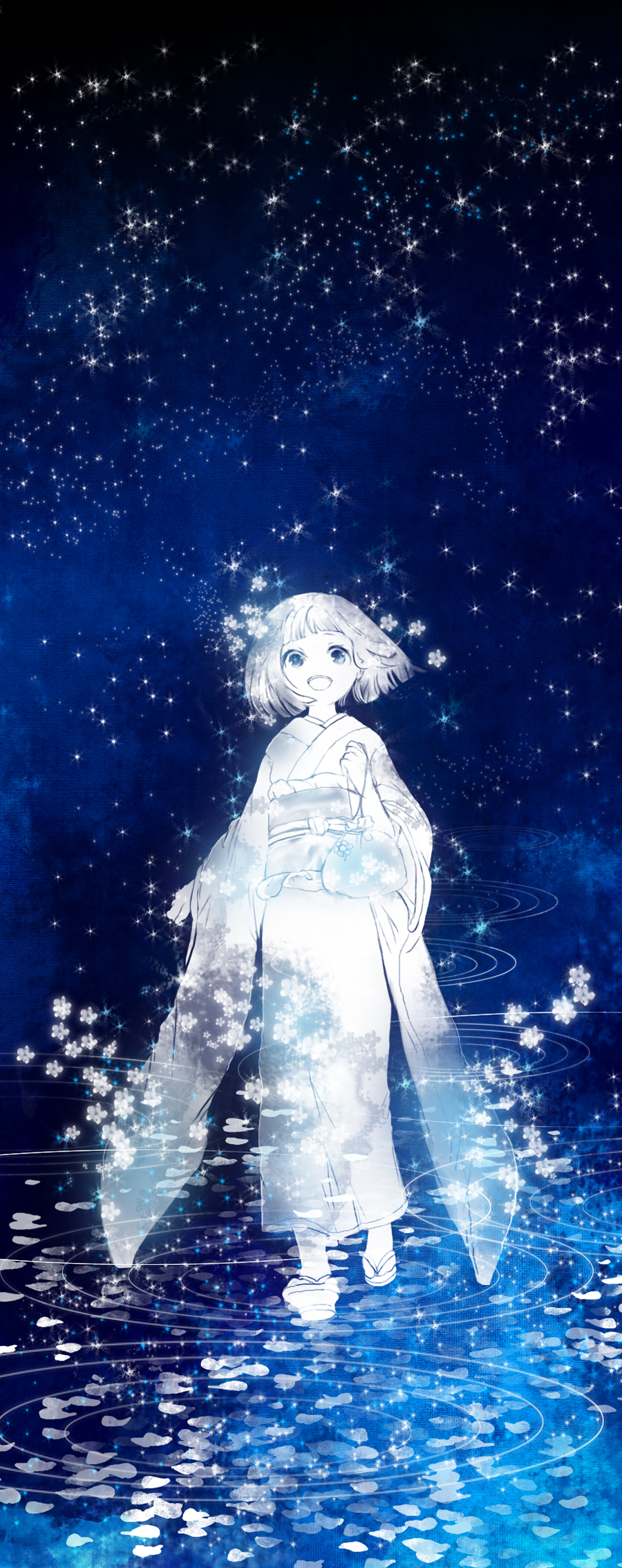 flower, highres, japanese_clothes, kimono, koto2, night, night_sky, open_mouth