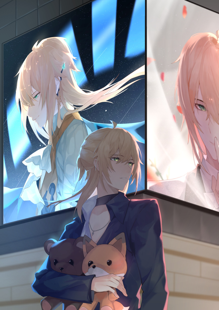 1boy, absurdres, ahoge, alkaid_mcgrath, alkaid_mcgrath_(eden), alkaid_mcgrath_(godheim), backlighting, bell, billboard, black_shirt, blonde_hair, chinese_commentary, collared_shirt, commentary_request, cross, cross_necklace, green_eyes, hair_between_eyes, half_updo, highres, holding, holding_stuffed_toy, jewelry, long_sleeves, looking_to_the_side, lovebrush_chronicles, male_focus, medium_hair, mingci937, multiple_persona, neck_bell, necklace, parted_lips, partially_unbuttoned, shirt, solo, stuffed_animal, stuffed_fox, stuffed_toy, teddy_bear, tile_wall, tiles, upper_body