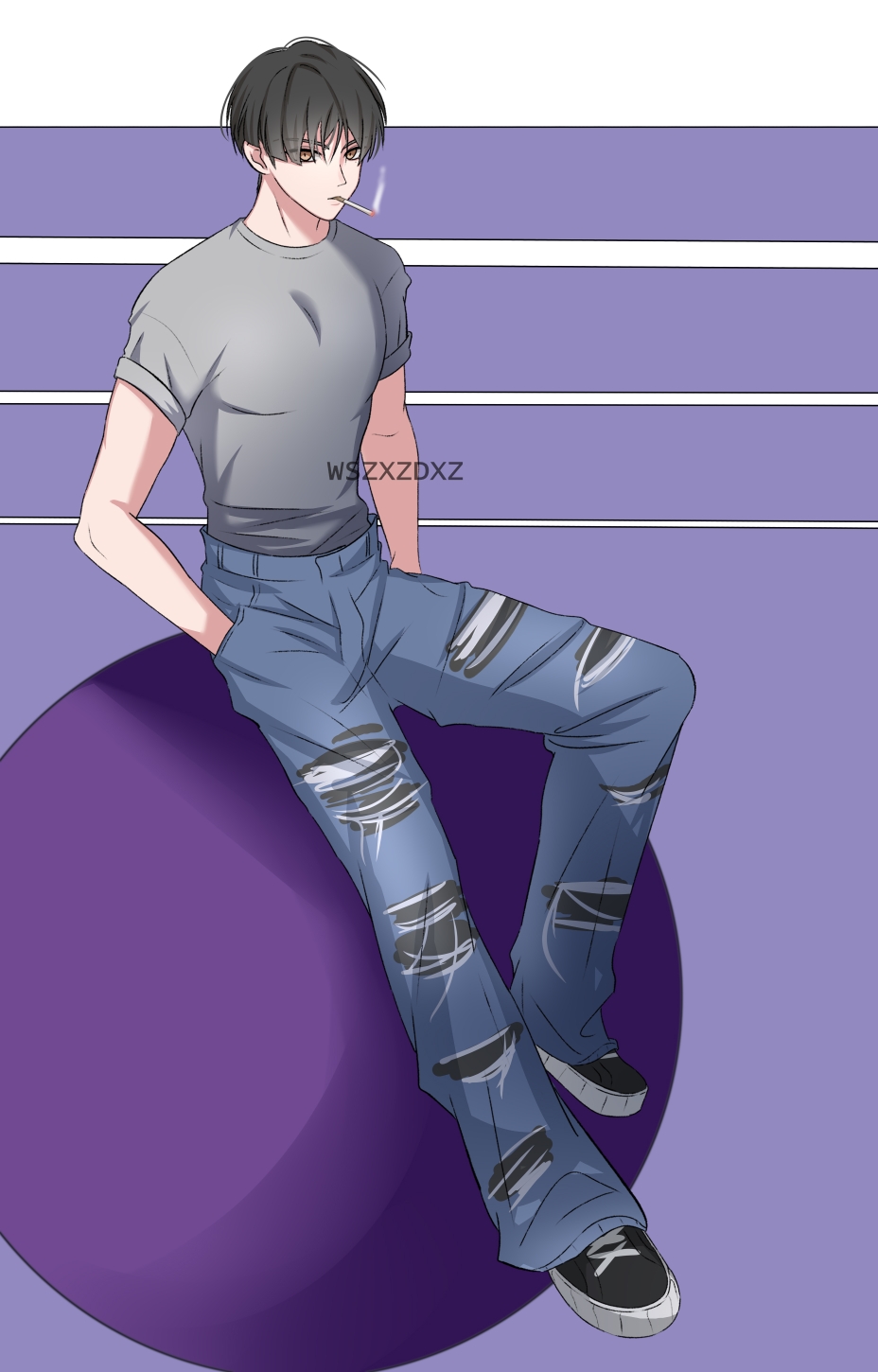 1boy, black_hair, black_shoes, brown_eyes, cai_xukun, cigarette, commentary_request, denim, full_body, gangbi2, grey_shirt, hands_in_pockets, highres, jeans, male_focus, orb, pants, real_life, shirt, shoes, sitting, smoking, solo, t-shirt, torn_clothes, torn_pants, watermark