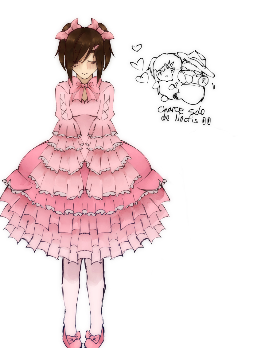 1girl, bow, bowtie, chance_(forsaken), character_name, closed_eyes, cute, forsaken_(roblox), frilled_dress, frilled_skirt, frills, hairclip, heart, lolita_fashion, noctis_(noctisecztasy), original, pigtails, pink_bow, pink_bowtie, pink_dress, pink_hairclip, pink_pantyhose, pink_shoes, self-insert, self-portrait, sleeves_past_fingers, smile, tied_hair, twintails, two_pigtails, very_long_sleeves, yumeship