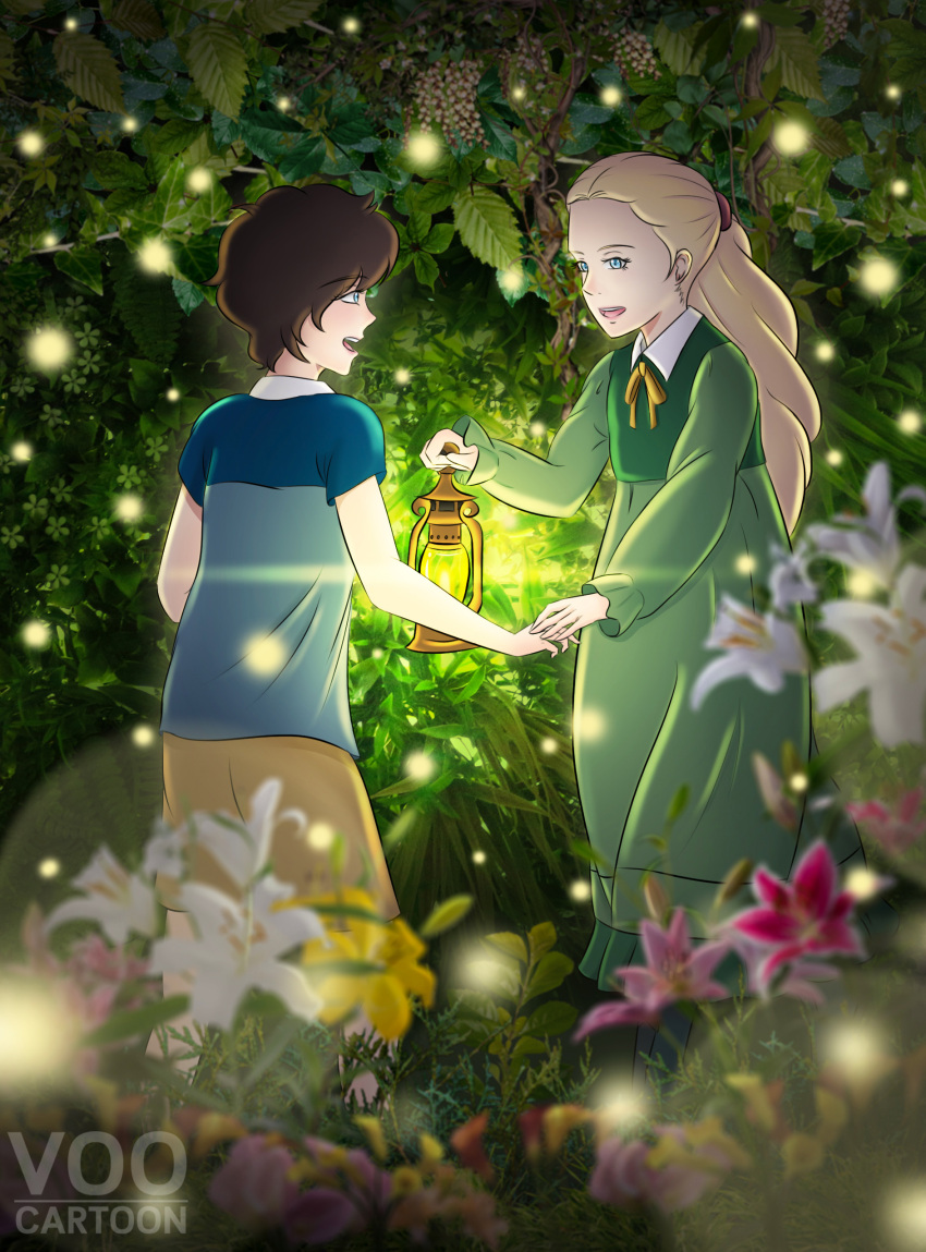 2girls, absurdres, anna_(omoide_no_marnie), blonde_hair, blue_eyes, blurry, bokeh, brown_hair, collar, depth_of_field, dress, english_commentary, flower, flower_request, hand_grab, highres, holding, lantern, leaf, lily_(flower), long_hair, long_sleeves, looking_at_another, marnie_(omoide_no_marnie), multiple_girls, omoide_no_marnie, shirt, shorts, smile, studio_ghibli, voocartoon, white_collar, yuri
