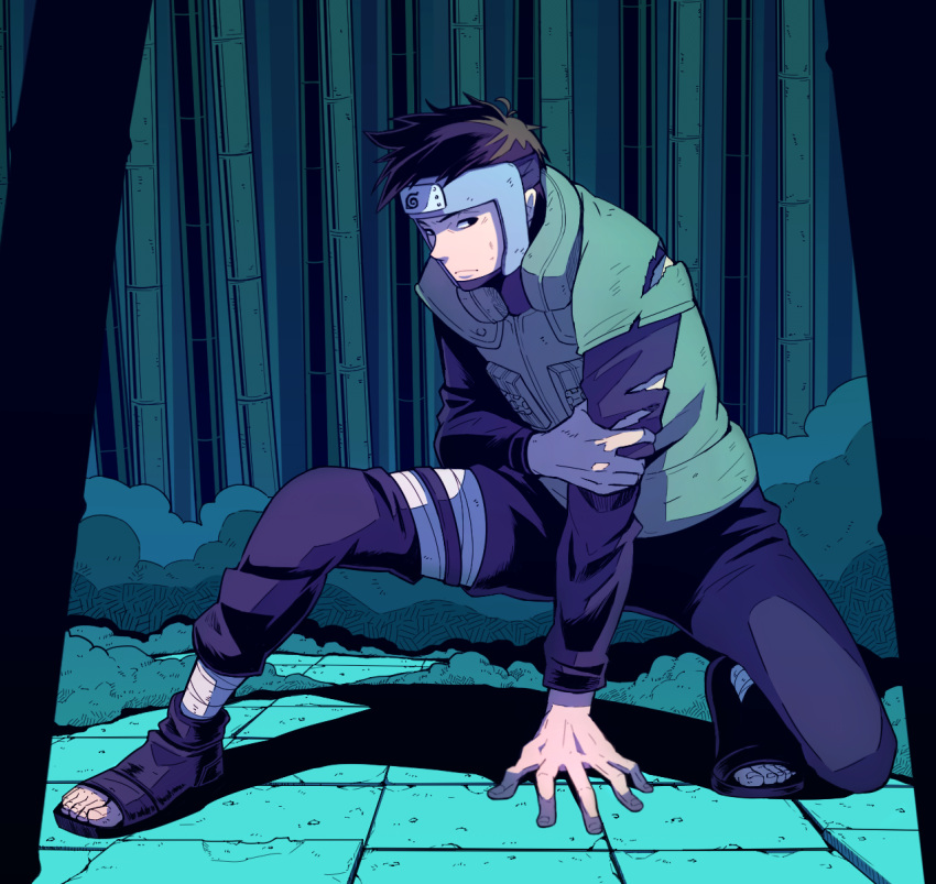 1boy, bamboo, bamboo_forest, black_eyes, black_pants, black_shirt, brown_hair, closed_mouth