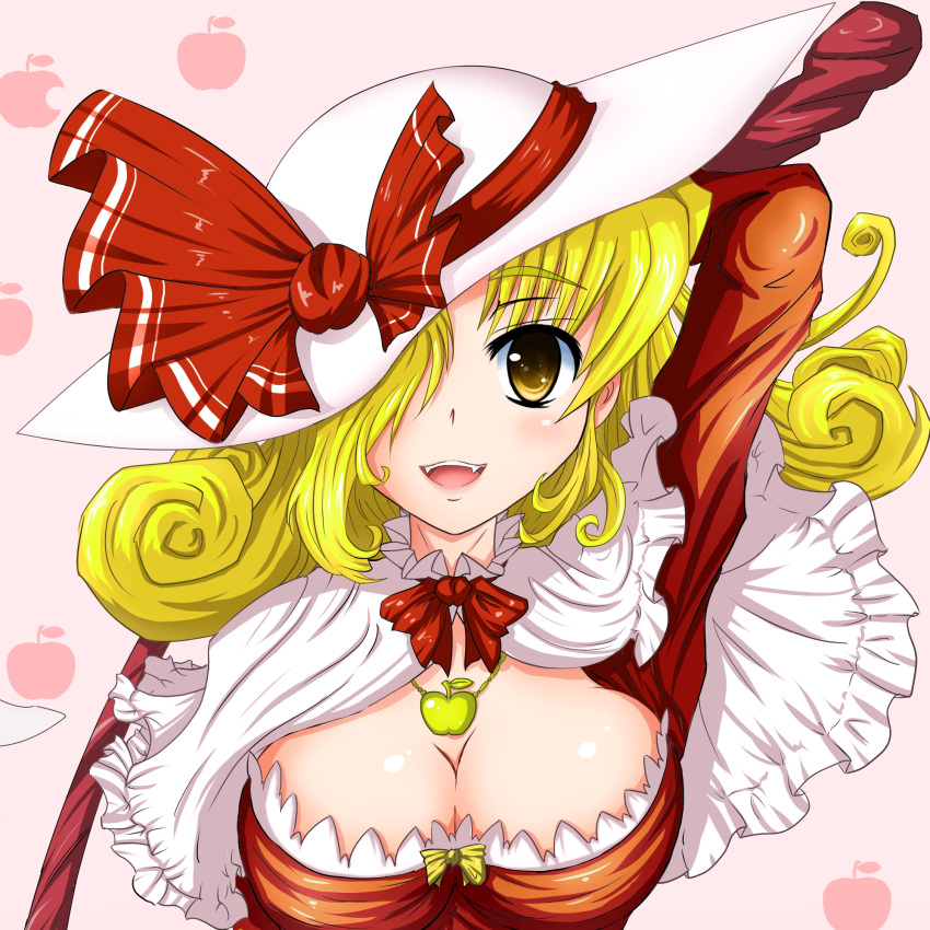 apple, blonde_hair, blush, bow, elly, elly_(cosplay), flandre_scarlet, food, fruit, hat, highres, jewelry, kado, necklace, solo, touhou, touhou_(pc-98)