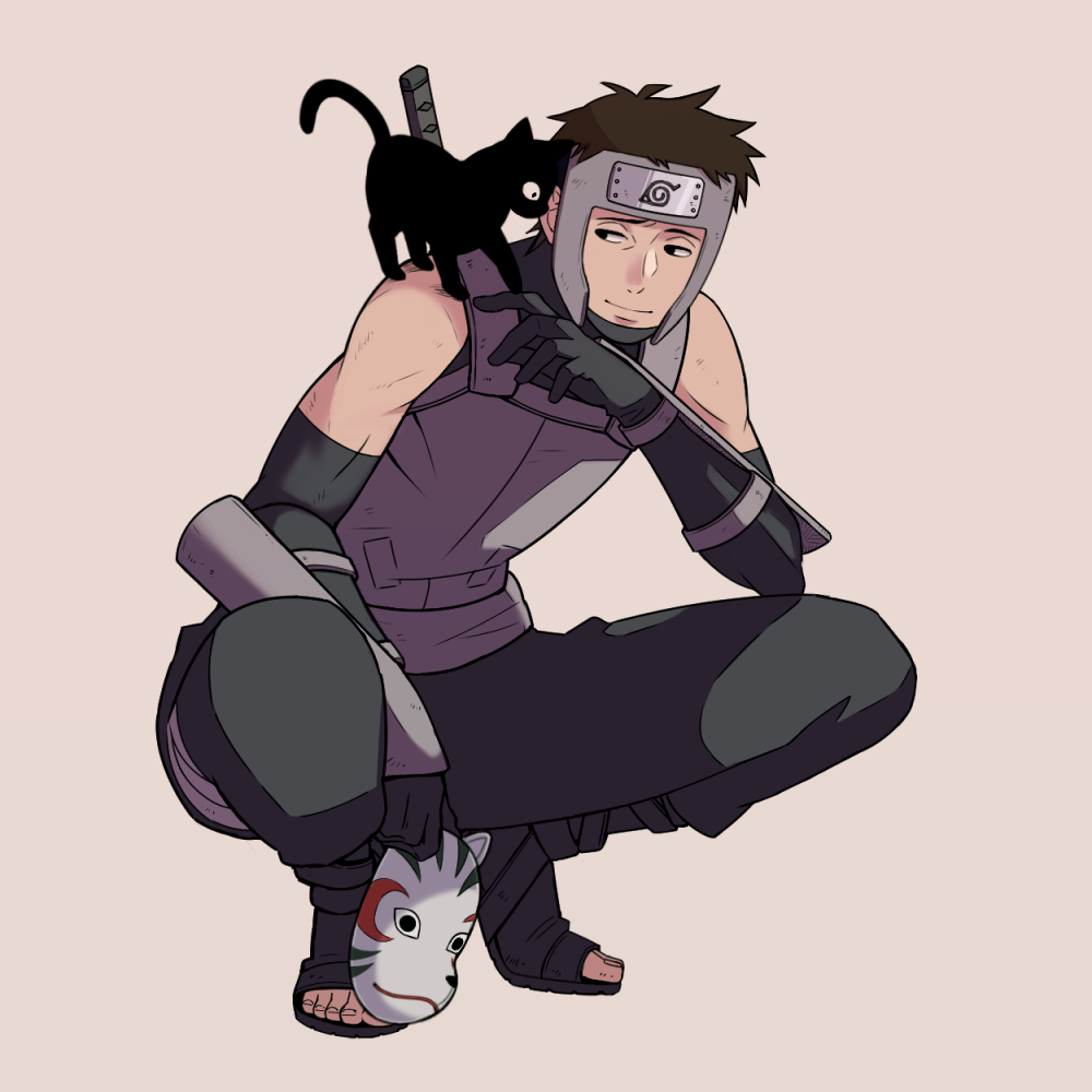 1boy, animal, animal_on_shoulder, arm_guards, black_cat, black_eyes, brown_hair, cat