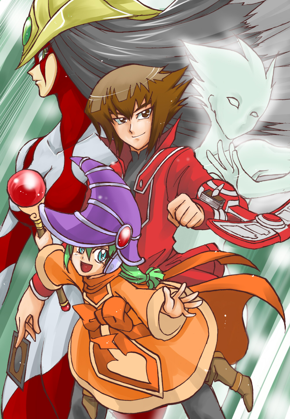 black_hair, blue_eyes, brown_eyes, brown_hair, card_ejector, dress, duel_disk, elemental_hero_burstinatrix