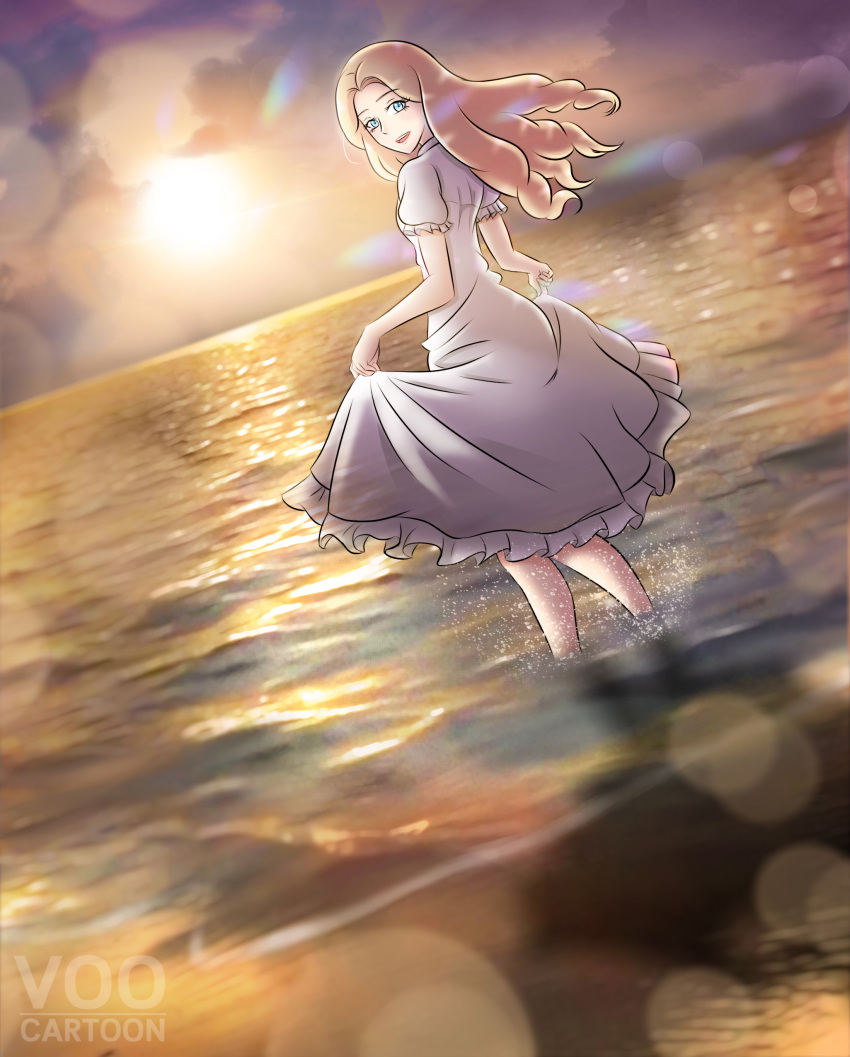 1girl, absurdres, artist_name, beach, blonde_hair, blue_eyes, blurry, blush, bokeh, clothes_lift, clouds, cloudy_sky, depth_of_field, dress, dress_lift, dutch_angle, english_commentary, frills, from_behind, full_body, highres, horizon, long_hair, looking_at_viewer, looking_back, marnie_(omoide_no_marnie), ocean, omoide_no_marnie, open_mouth, outdoors, shadow, short_sleeves, signature, sky, smile, solo, standing, studio_ghibli, sun, sundress, sunlight, sunset, very_long_hair, voocartoon, wading, water, white_dress