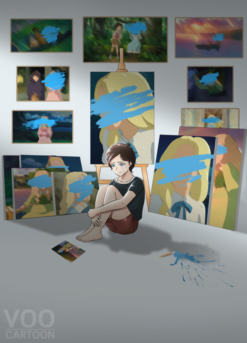 1girl, absurdres, anna_(omoide_no_marnie), black_shirt, blue_eyes, blue_paint, blue_ribbon, collarbone