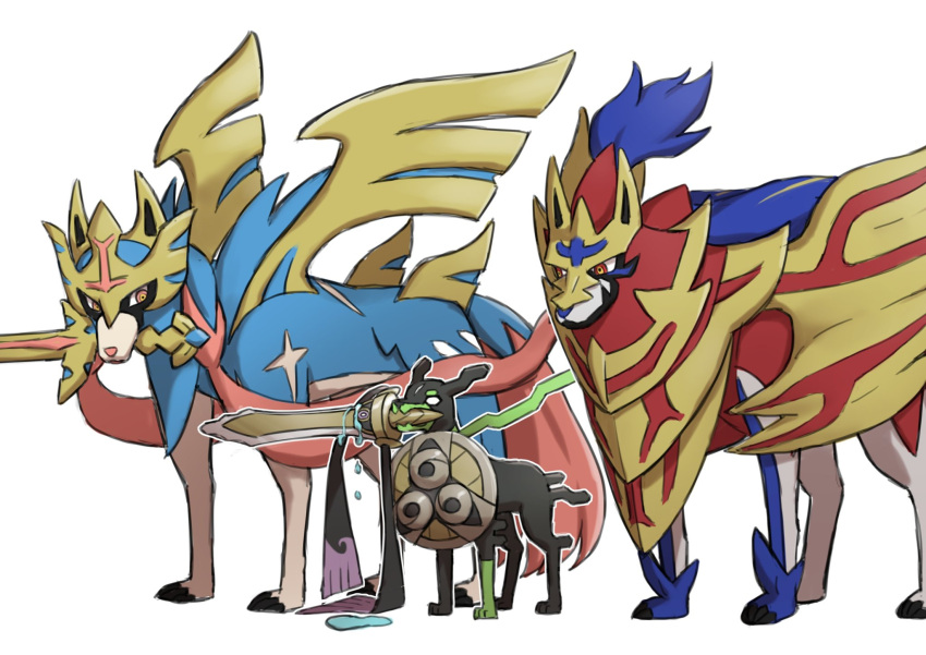 aegislash, animal_focus, armor, commentary_request, dog, highres, holding, holding_shield