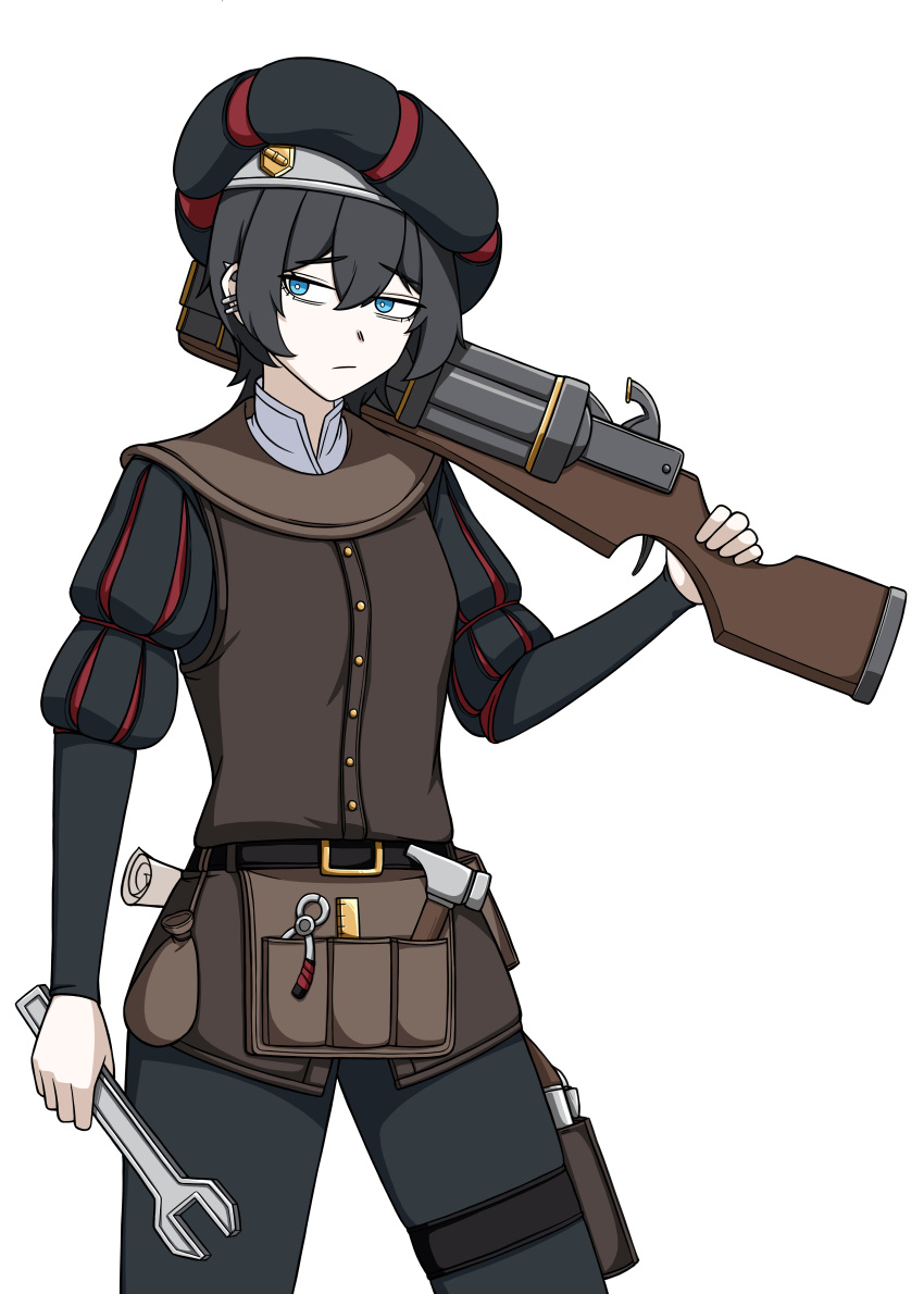 1girl, absurdres, antique_firearm, black_hair, black_pants, blue_eyes, brown_hair, comet