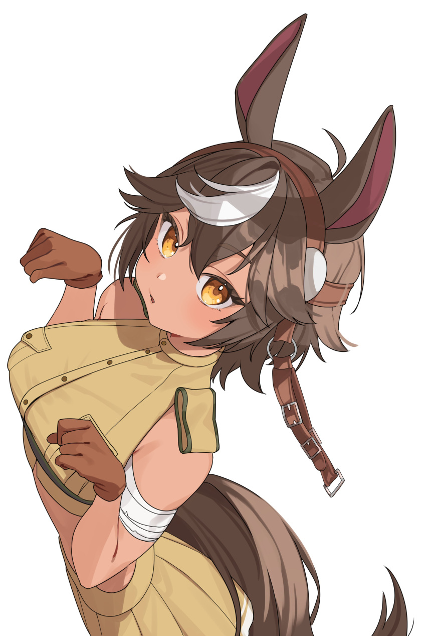 1girl, absurdres, ahoge, animal_ears, brown_gloves, brown_hair, commentary, cropped_shirt