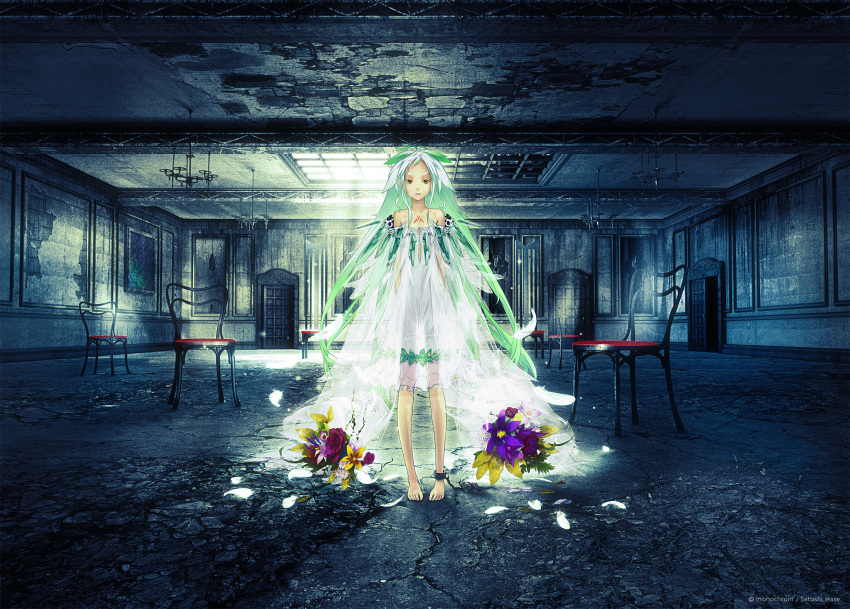ankle_cuffs, bare_shoulders, barefoot, beatless, chain, chains, dress, flower