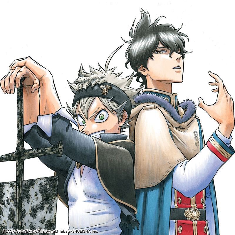 2boys, artist_name, asta_(black_clover), black_capelet, black_clover, black_hair, blonde_hair, capelet, english_text, green_eyes, grey_hair, looking_at_viewer, multiple_boys, official_art, shirt, short_hair, simple_background, tabata_yuuki, upper_body, white_background, white_shirt, yuno_(black_clover)