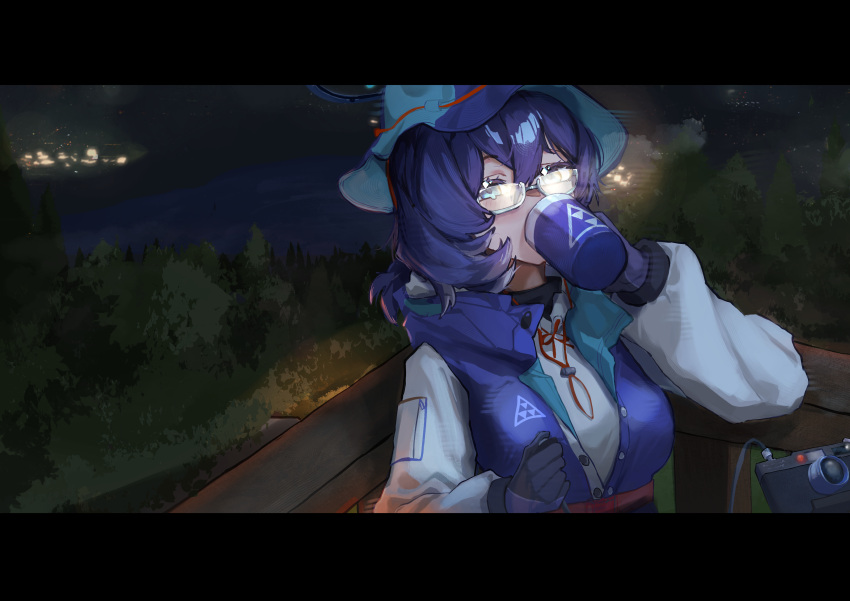 1girl, absurdres, against_railing, black_gloves, blue_archive, blue_eyes, blue_hair, blue_hat