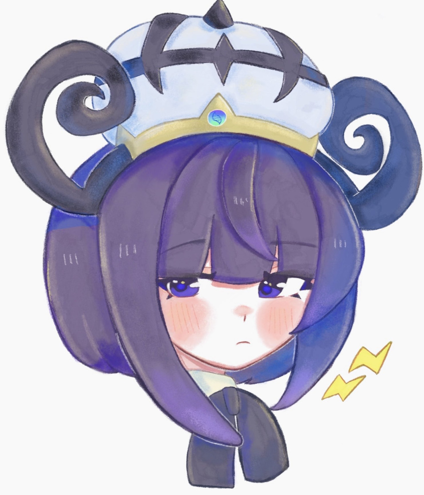 1girl, black_ribbon, blue_hair, blunt_bangs, blush, bob_cut, closed_mouth, commentary_request, gradient_hair, gwynn_(pokemon), hat, highres, looking_at_viewer, mega_stone, multicolored_hair, neck_ribbon, pokemon, pokemon_legends:_z-a, portrait, purple_hair, ribbon, short_hair, solo, usa130731, violet_eyes, white_background