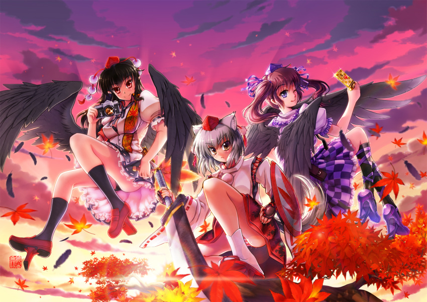 3girls, :q, animal_ears, black_hair, black_legwear, black_panties, blouse, breasts