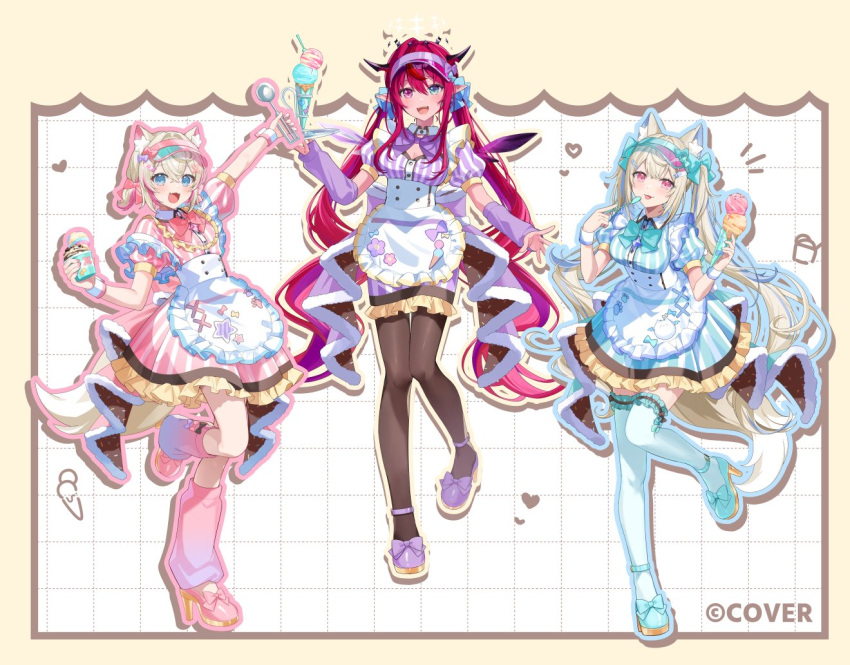3girls, :d, :p, alternate_costume, animal_ears, apron, asymmetrical_wings, bandaid