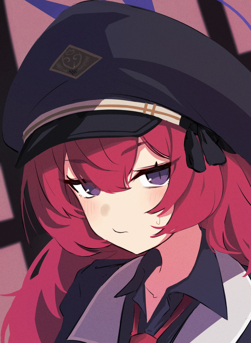 1girl, absurdres, black_hat, black_shirt, blue_archive, blush, closed_mouth, collarbone, collared_shirt, commentary_request, halo, hat, highres, iroha_(blue_archive), kyurosuku, long_hair, looking_at_viewer, necktie, peaked_cap, portrait, red_hair, red_necktie, shirt, solo, sweat, violet_eyes