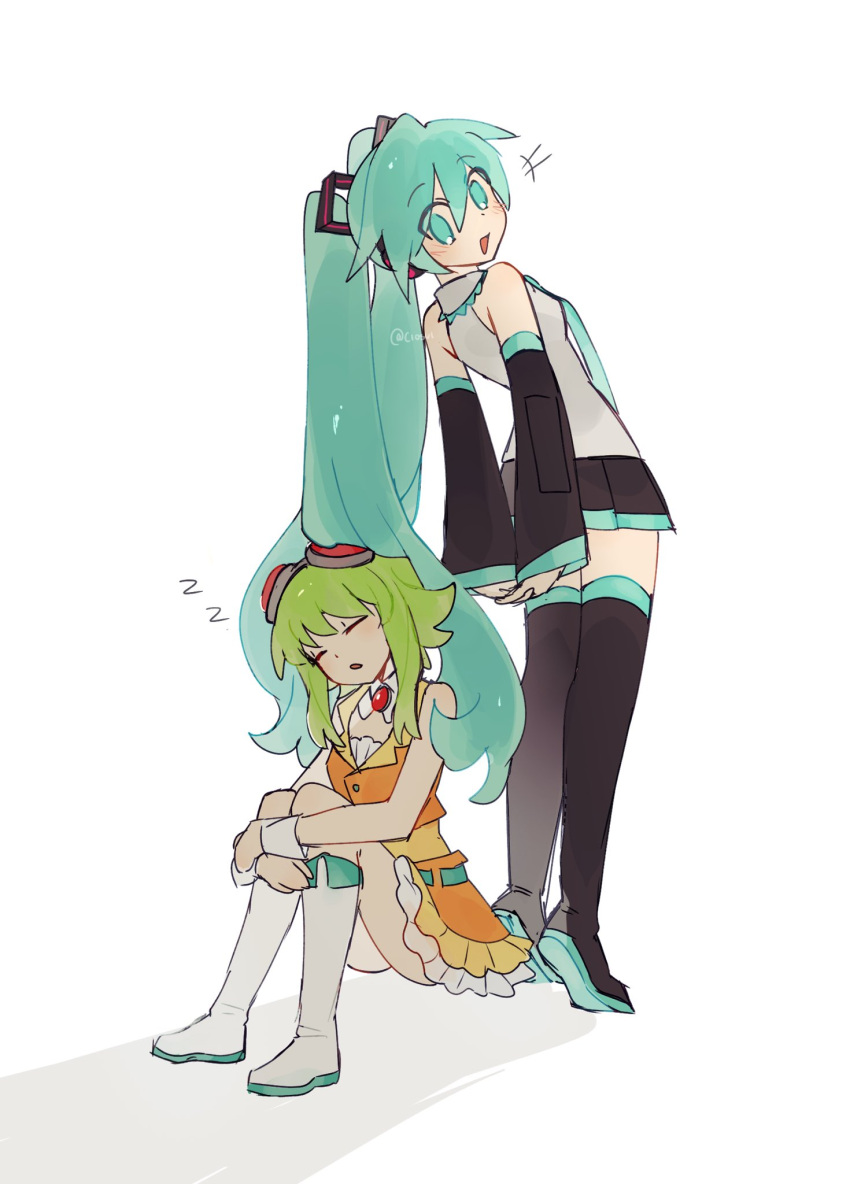 +++, 2girls, :d, aqua_eyes, aqua_hair, aqua_necktie, arms_behind_back, bare_shoulders