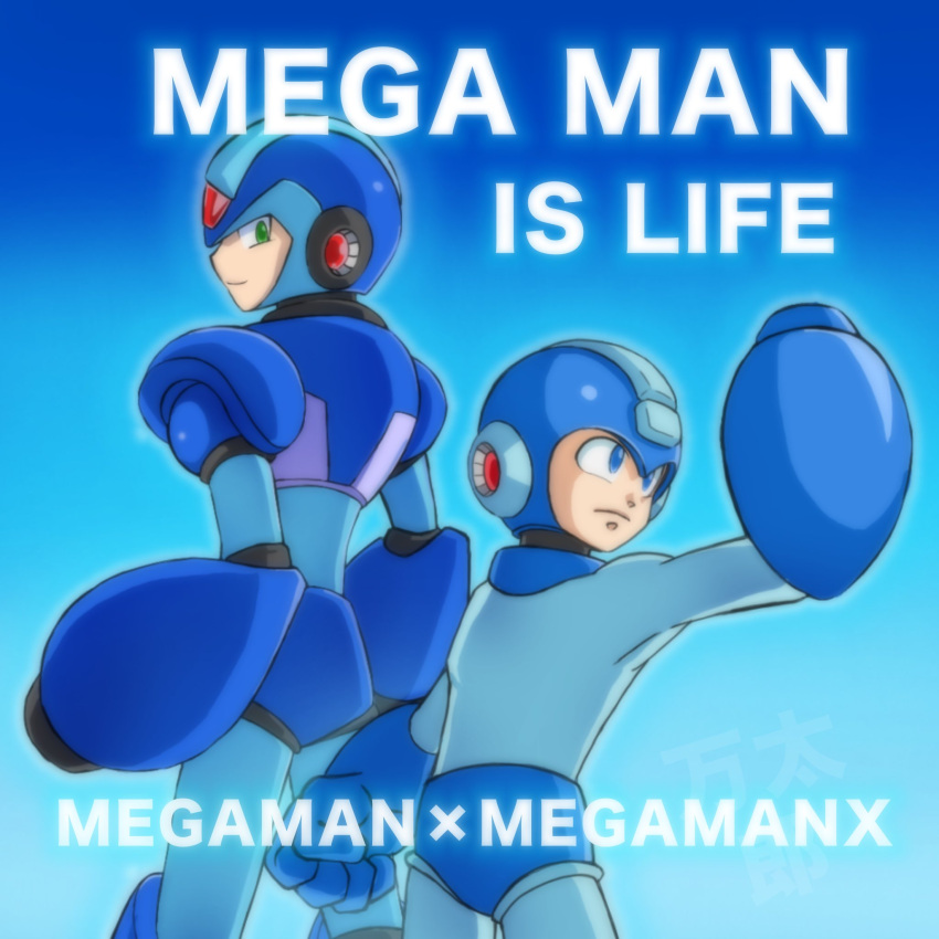 2boys, 6rockmantaro9, arm_cannon, armor, back-to-back, blue_armor, blue_background, blue_bodysuit