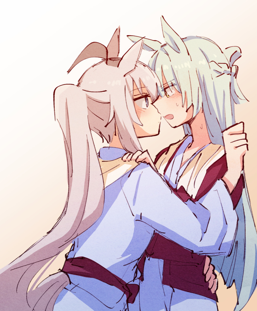 2girls, alonemistrist, animal_ears, bathrobe, blue_hair, blush, commentary, english_commentary, face-to-face, fujimasa_march_(umamusume), grey_hair, hair_between_eyes, hand_on_another's_shoulder, highres, horse_ears, horse_girl, horse_tail, imminent_kiss, light_blush, long_hair, long_sleeves, multicolored_hair, multiple_girls, nervous, nervous_sweating, notice_lines, official_alternate_costume, oguri_cap_(umamusume), open_mouth, outline, ponytail, sideways_mouth, simple_background, spa, sweat, sweatdrop, tail, umamusume, umamusume:_cinderella_gray, very_long_hair, white_background, yuri