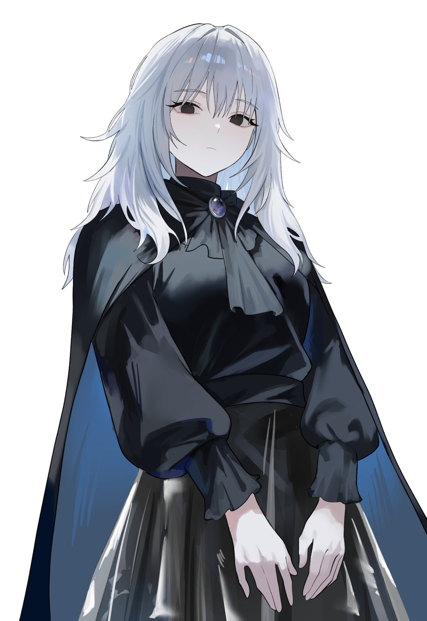 1girl, absurdres, black_cape, black_eyes, black_shirt, blue_cape, cape, closed_mouth, commentary, commission, cowboy_shot, grey_skirt, hair_between_eyes, hair_over_shoulder, highres, long_hair, long_sleeves, looking_at_viewer, multicolored_cape, nbee_ya, no_pupils, original, puffy_sleeves, shirt, simple_background, skirt, solo, standing, two-tone_cape, white_background, white_hair