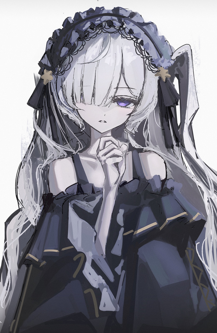 1girl, absurdres, blue_dress, blue_hairband, commentary_request, dress, gothic_lolita, hair_over_one_eye, hairband, highres, kenran_000, lolita_fashion, lolita_hairband, long_hair, looking_at_viewer, magical_girl, mahou_shoujo_no_majo_saiban, natsume_an-an, parted_lips, simple_background, sketch, solo, very_long_hair, violet_eyes, wavy_hair, white_background, white_hair