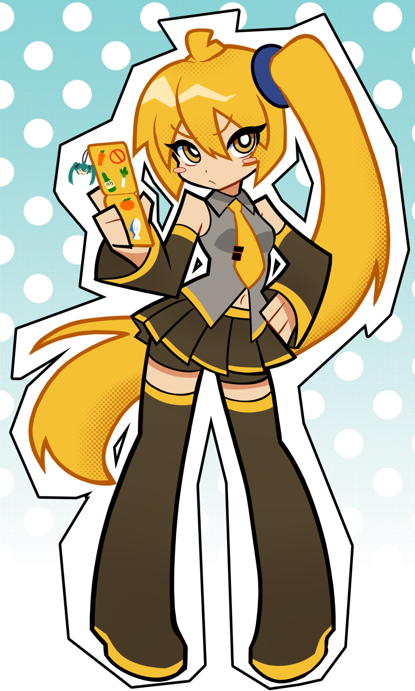 1girl, :<, absurdres, akita_neru, angry, antenna_hair, bare_shoulders, bike_shorts, bike_shorts_under_skirt, black_boots, black_skirt, blonde_hair, blush_stickers, boots, bright_pupils, cellphone, cellphone_charm, charm_(object), collared_shirt, detached_sleeves, flip_phone, grey_shirt, hair_between_eyes, hair_ornament, halftone, hand_on_own_hip, hatsune_miku, highres, holding, holding_phone, long_hair, looking_at_viewer, midriff_peek, navel, necktie, phone, pleated_skirt, polka_dot, polka_dot_background, satokocel, shirt, side_ponytail, skirt, solo, sticker, tie_clip, v-shaped_eyebrows, vocaloid, white_pupils, yellow_eyes, yellow_necktie