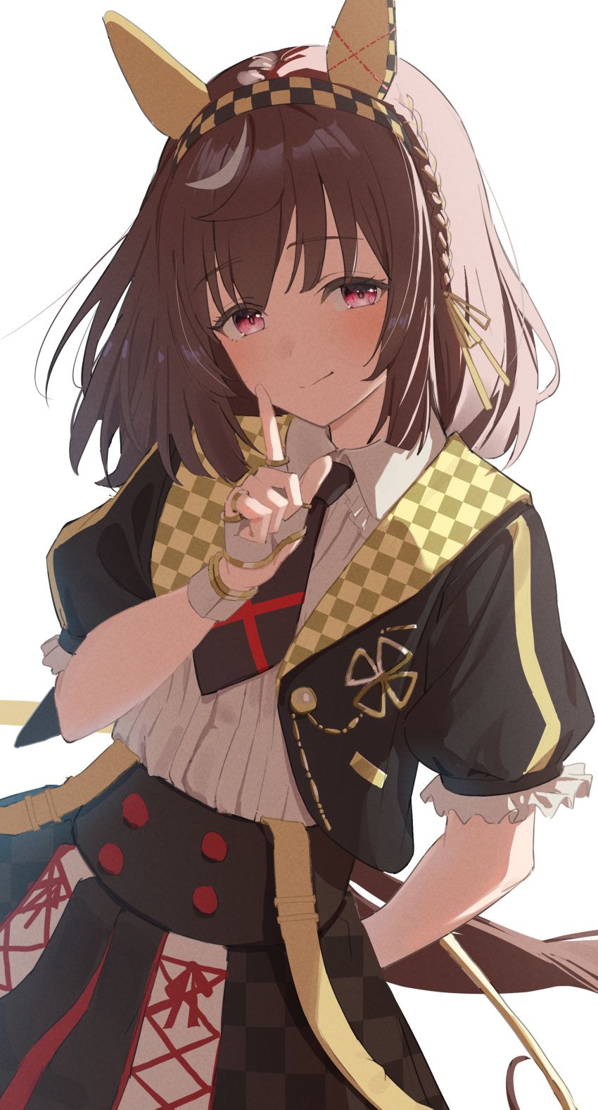 1girl, absurdres, animal_ears, black_necktie, black_skirt, brown_hair, buena_vista_(heroina_inocente)_(umamusume), buena_vista_(umamusume), cidersour, collared_shirt, ear_covers, highres, horse_ears, horse_girl, horse_tail, index_finger_raised, necktie, pink_eyes, puffy_short_sleeves, puffy_sleeves, shirt, short_hair, short_sleeves, simple_background, skirt, smile, solo, tail, umamusume, white_background, white_shirt